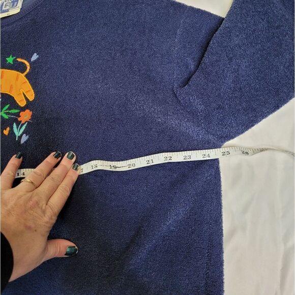 VINTAGE 90s blue fleece embroidered cat floral drawstring sweatshirt sweater XL - Picture 9 of 10